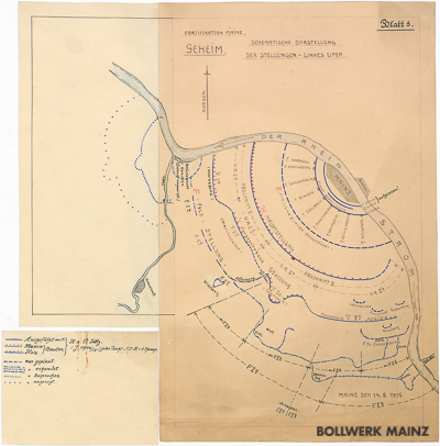 Schematische Darstellung der Festung Mainz auf dem Plan vom 14. August 1915