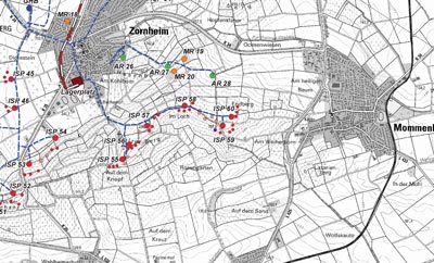 Karte mit den Standorten der Festungswerke zwischen Zornheim und Mommenheim